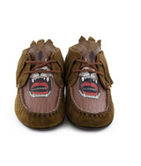 Fringed Moccasin Boot in suede leather, camel and print