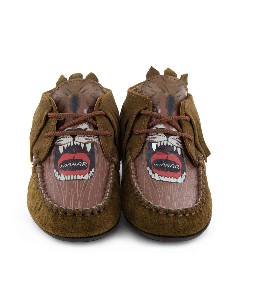 Fringed Moccasin Boot in suede leather, camel and print