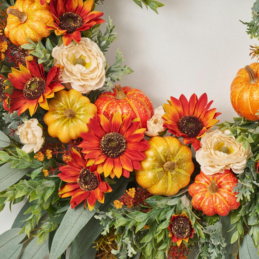 Mixed Autumn Pumpkin, Burnt Orange Sunflowers, Cream Ranunculus & Needle Leaf Eucalyptus Front Door Fall Wreath