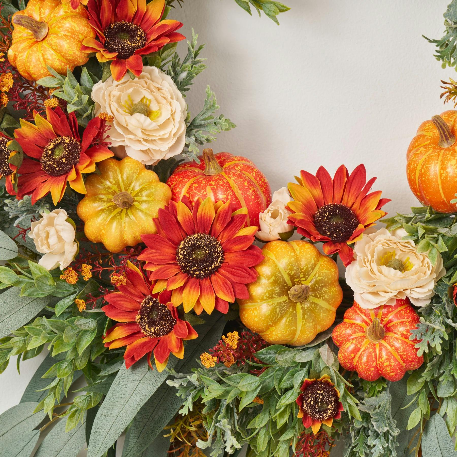 Mixed Autumn Pumpkin, Burnt Orange Sunflowers, Cream Ranunculus & Needle Leaf Eucalyptus Front Door Fall Wreath