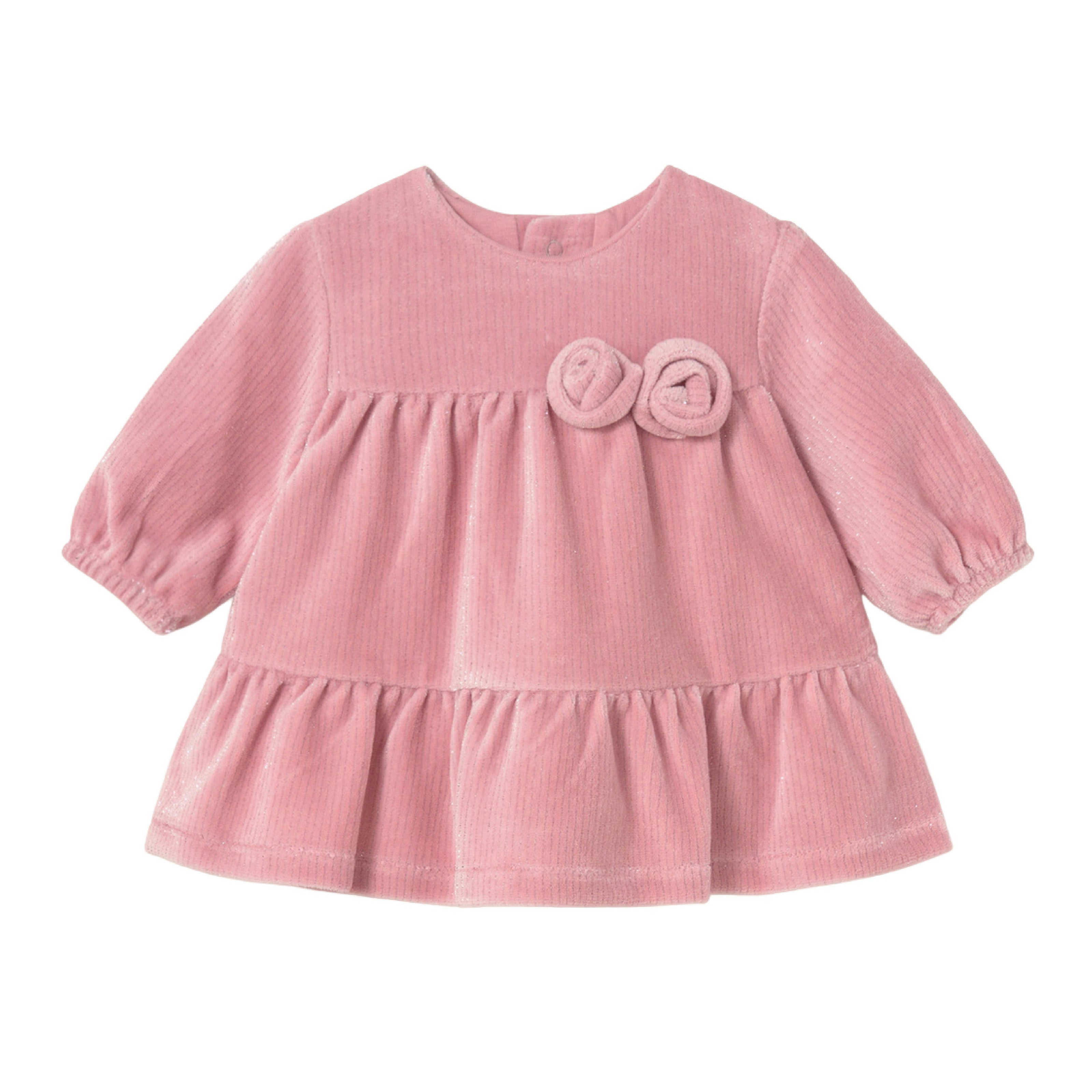 Pink Velvet  Dress with Rosette Accents