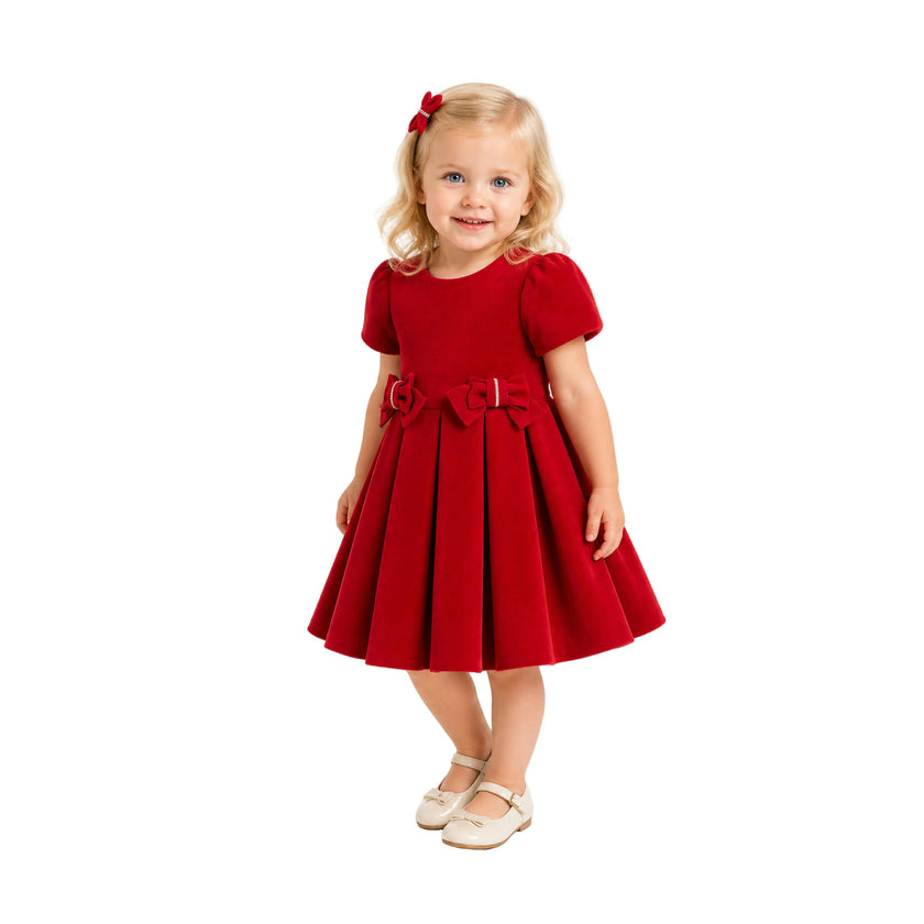Red Harleigh Double Bow Pleated Dress