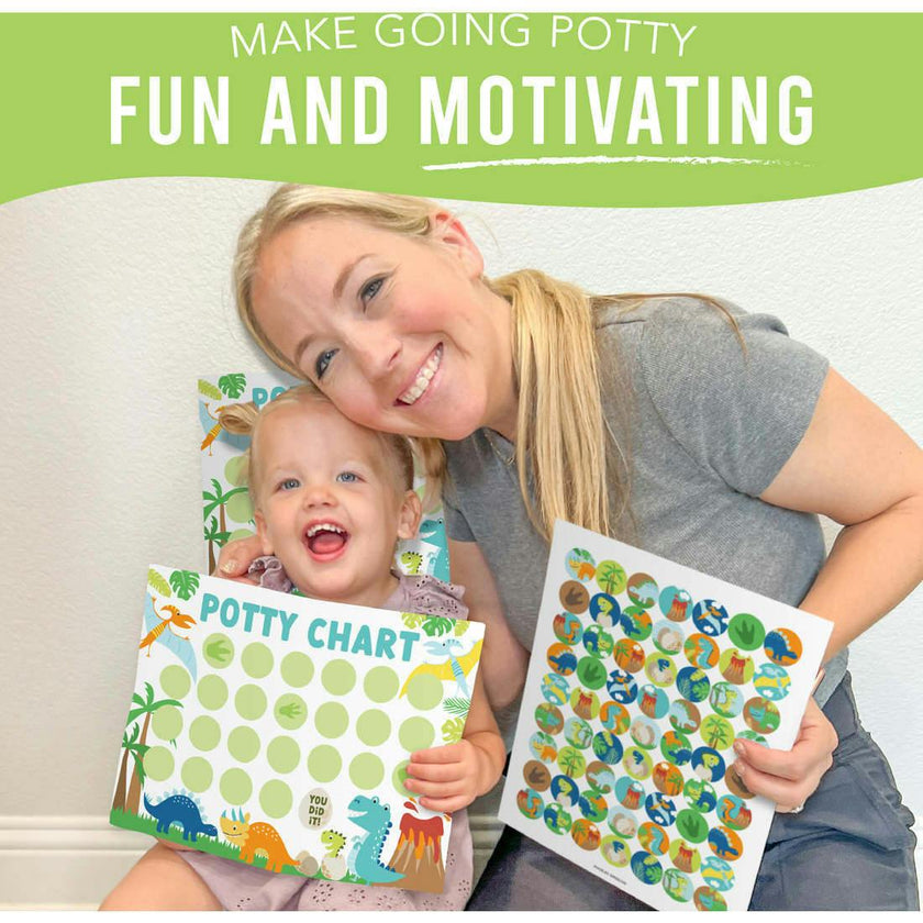 10-Piece Potty Training Charts & 6-Piece Dino Bathroom Wall Art Decor Prints