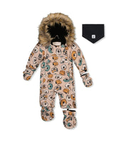 Baby One Piece Snowsuit Adapted For Car Seats Beige Dog Print