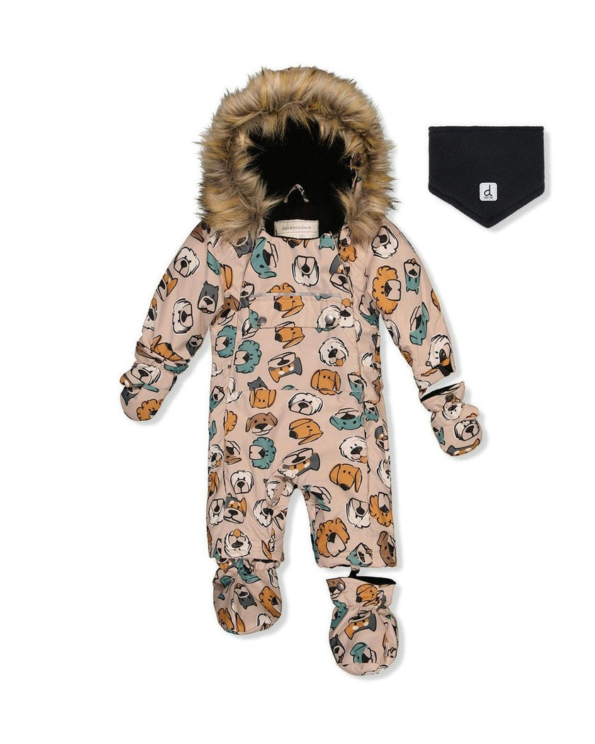 Baby One Piece Snowsuit Adapted For Car Seats Beige Dog Print