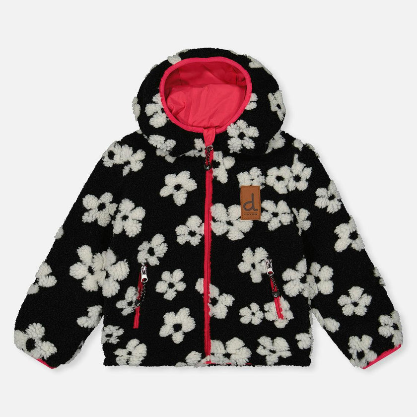 Reversible Mid-Season Jacket Pink And Black Printed Flowers