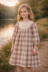 Embroidered Windowpane Long Sleeve Dress