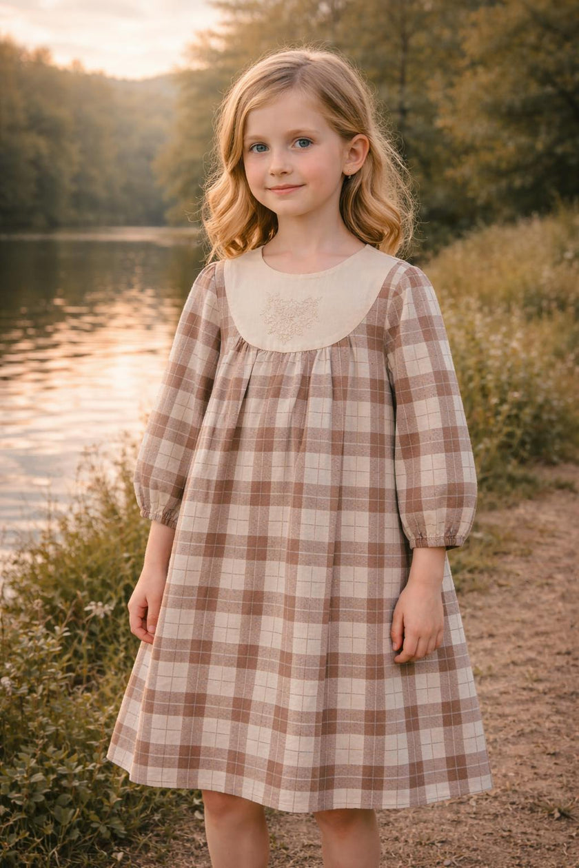 Embroidered Windowpane Long Sleeve Dress