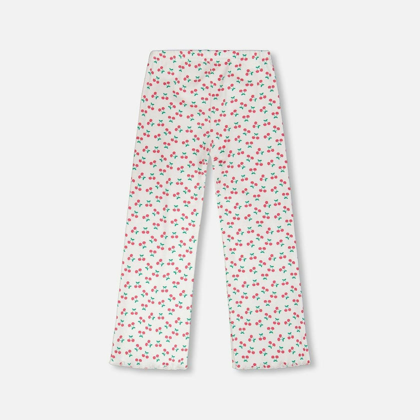 Rib Flare Leg Leggings White Printed Cherries