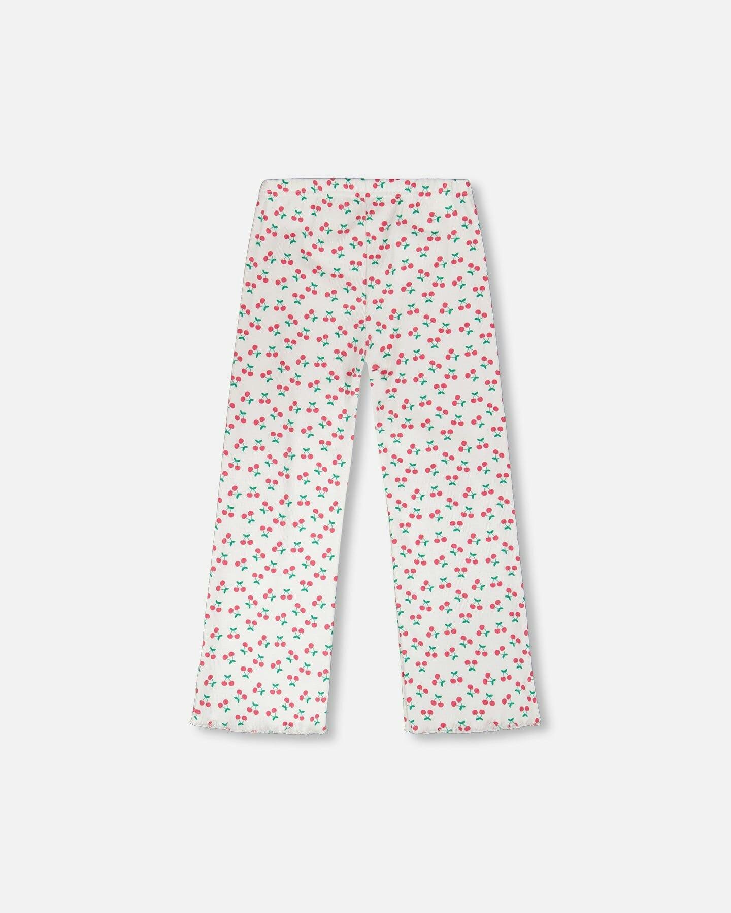 Rib Flare Leg Leggings White Printed Cherries