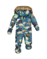 Baby One Piece Snowsuit Adapted For Car Seats Blue Bear Print
