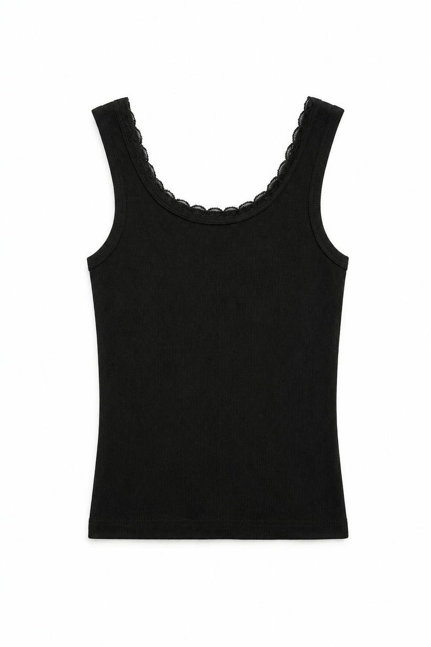 Stella Black Ribbed Tank Lace Trim