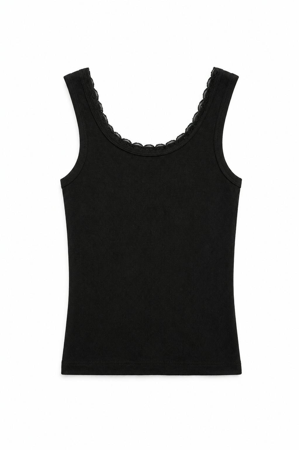 Stella Black Ribbed Tank Lace Trim