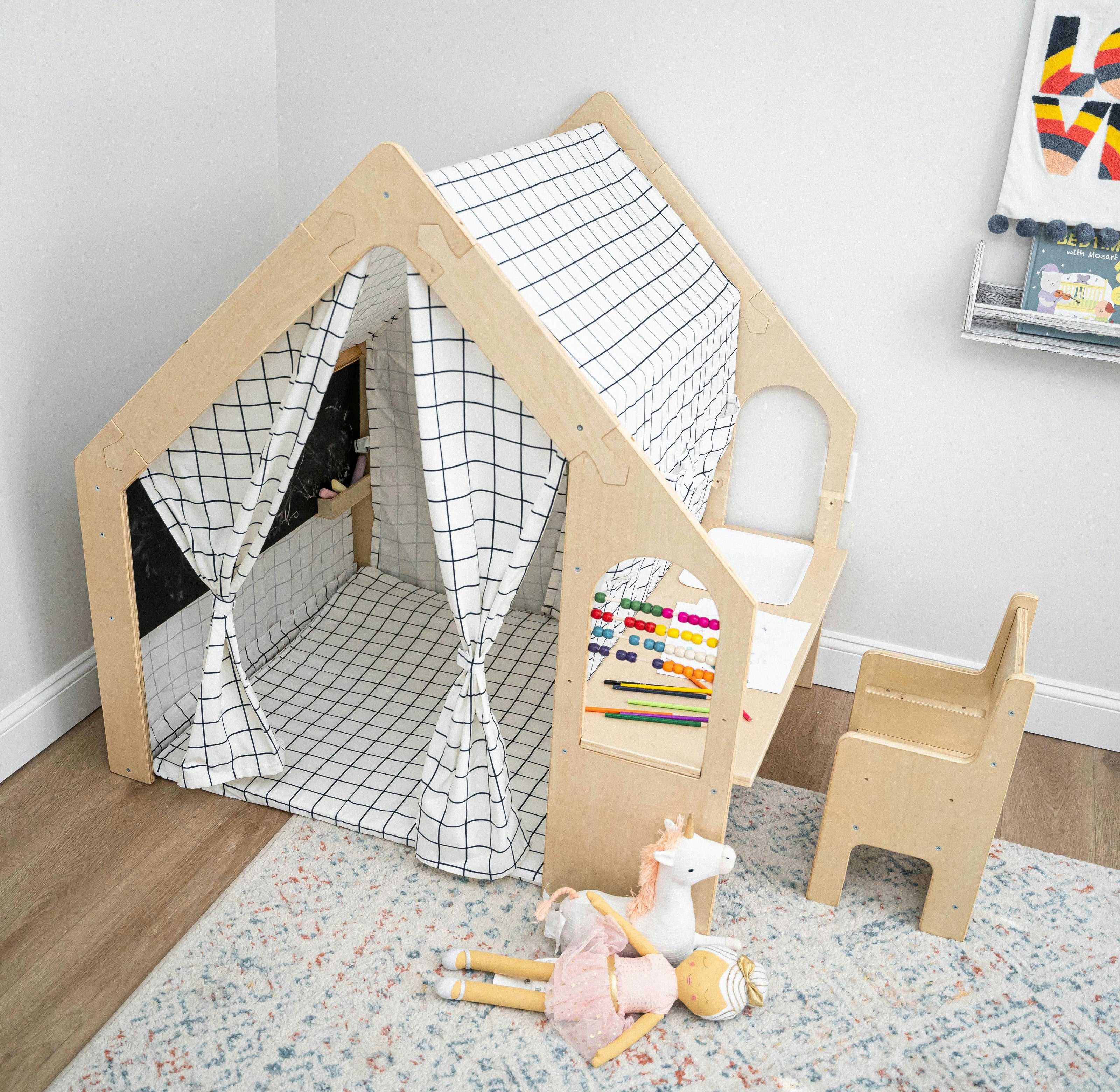 Flair | Indoor Wooden Playhouse with Desk, Chair & Chalkboard for Toddlers and Kids