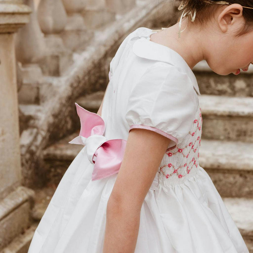 Bagatelle White/Pink Silk Handmade Smocked Dress