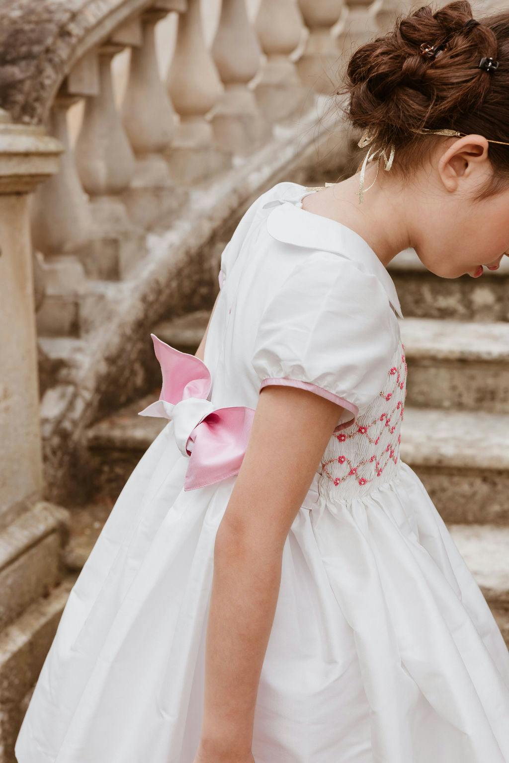 Bagatelle White/Pink Silk Handmade Smocked Dress