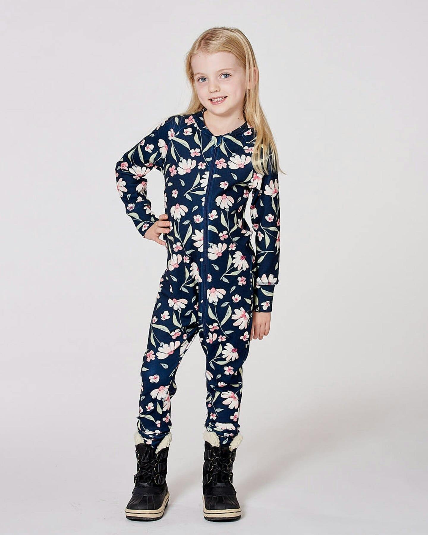 One-Piece Thermal Underwear Navy Flower Print