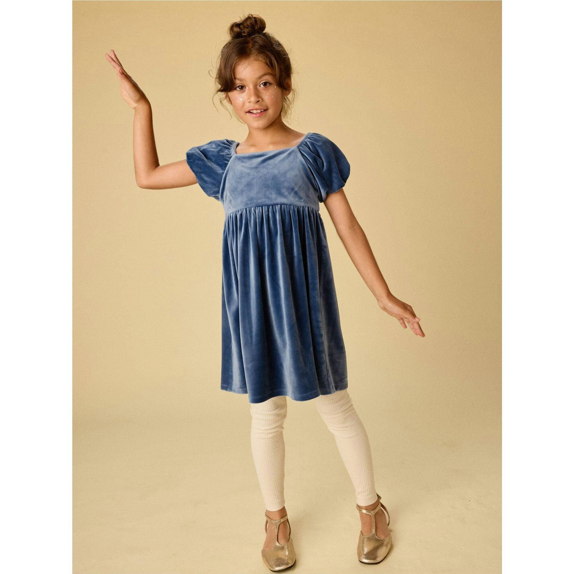 Puff Shoulder Velour Dress, Blue
