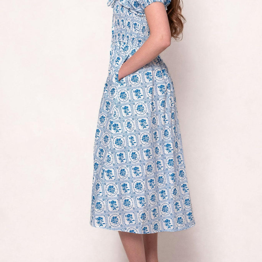 Mae Dress in Blue Floral Stamp