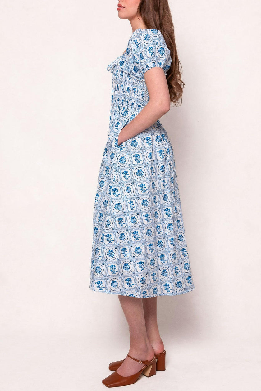 Mae Dress in Blue Floral Stamp