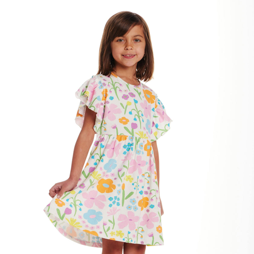 Kids White Rib Knit Dress w/ Ruffle Sleeves