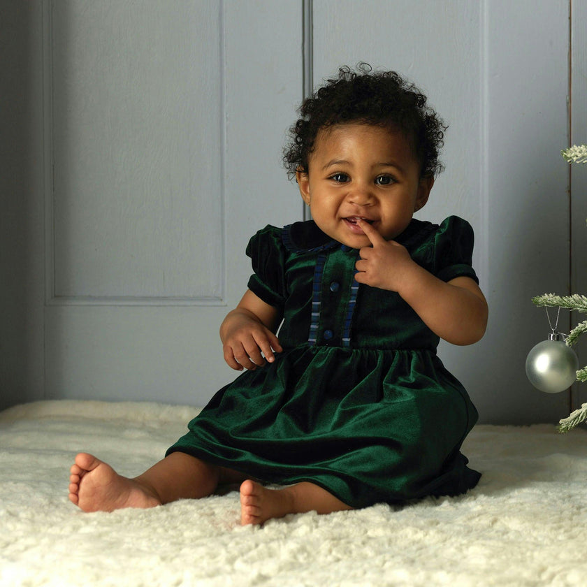 Baby Green Velvet Tartan Trim Dress