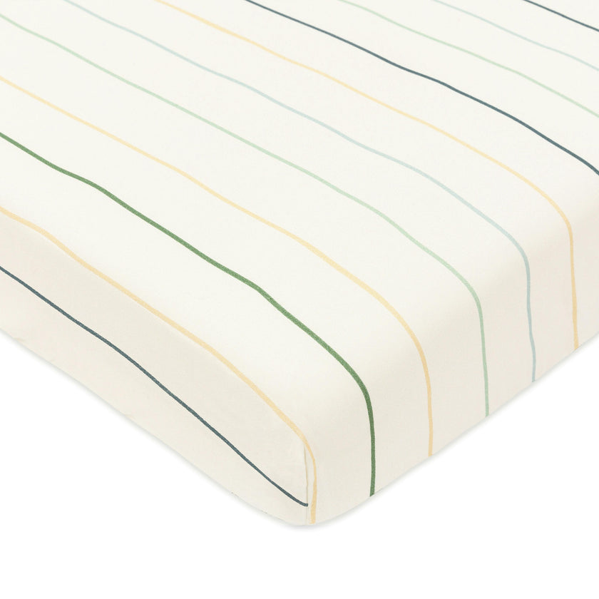 Mini Crib Sheet in GOTS Certified Organic Brushed Cotton in Ivory with Cool Multi-Color Stripes