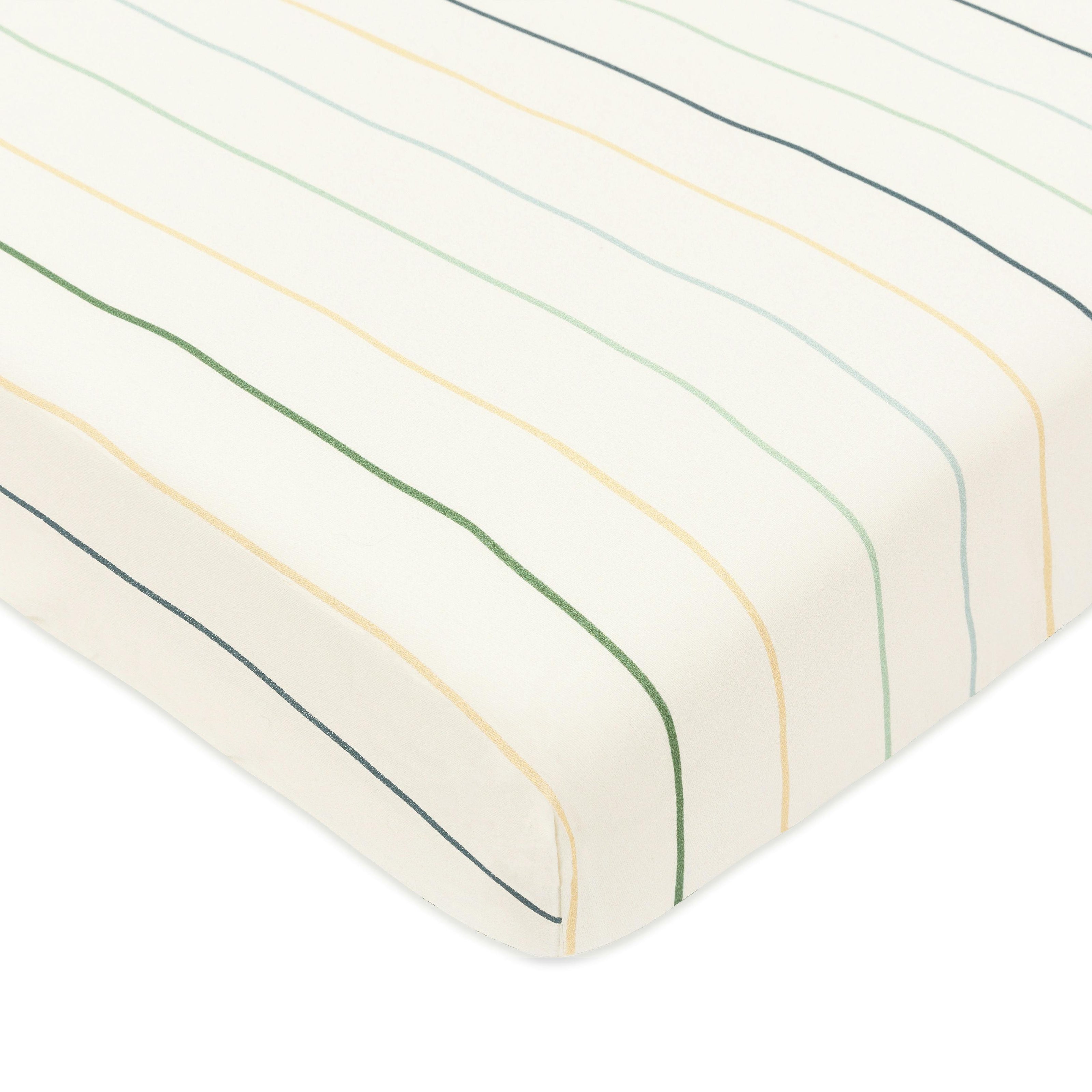 Mini Crib Sheet in GOTS Certified Organic Brushed Cotton in Ivory with Cool Multi-Color Stripes