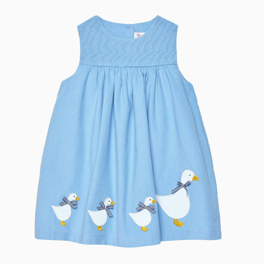 Baby Duck Smocked Pinafore in Blue Cord