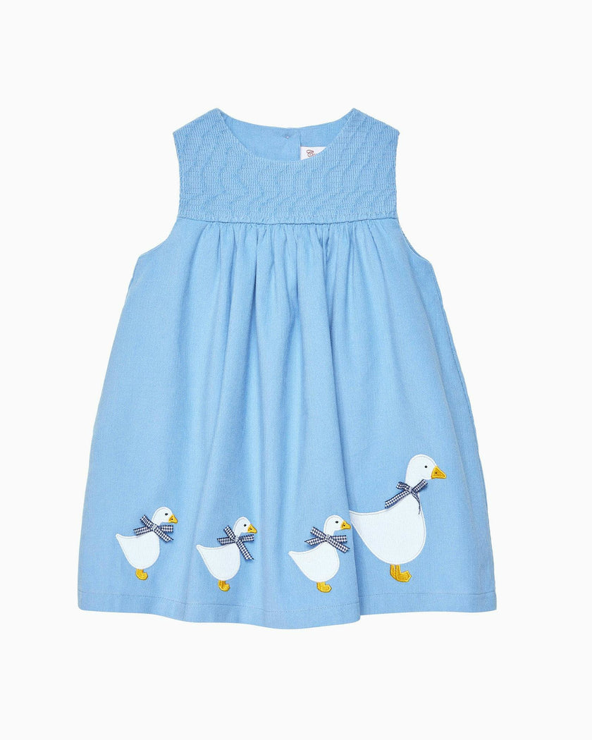 Baby Duck Smocked Pinafore in Blue Cord