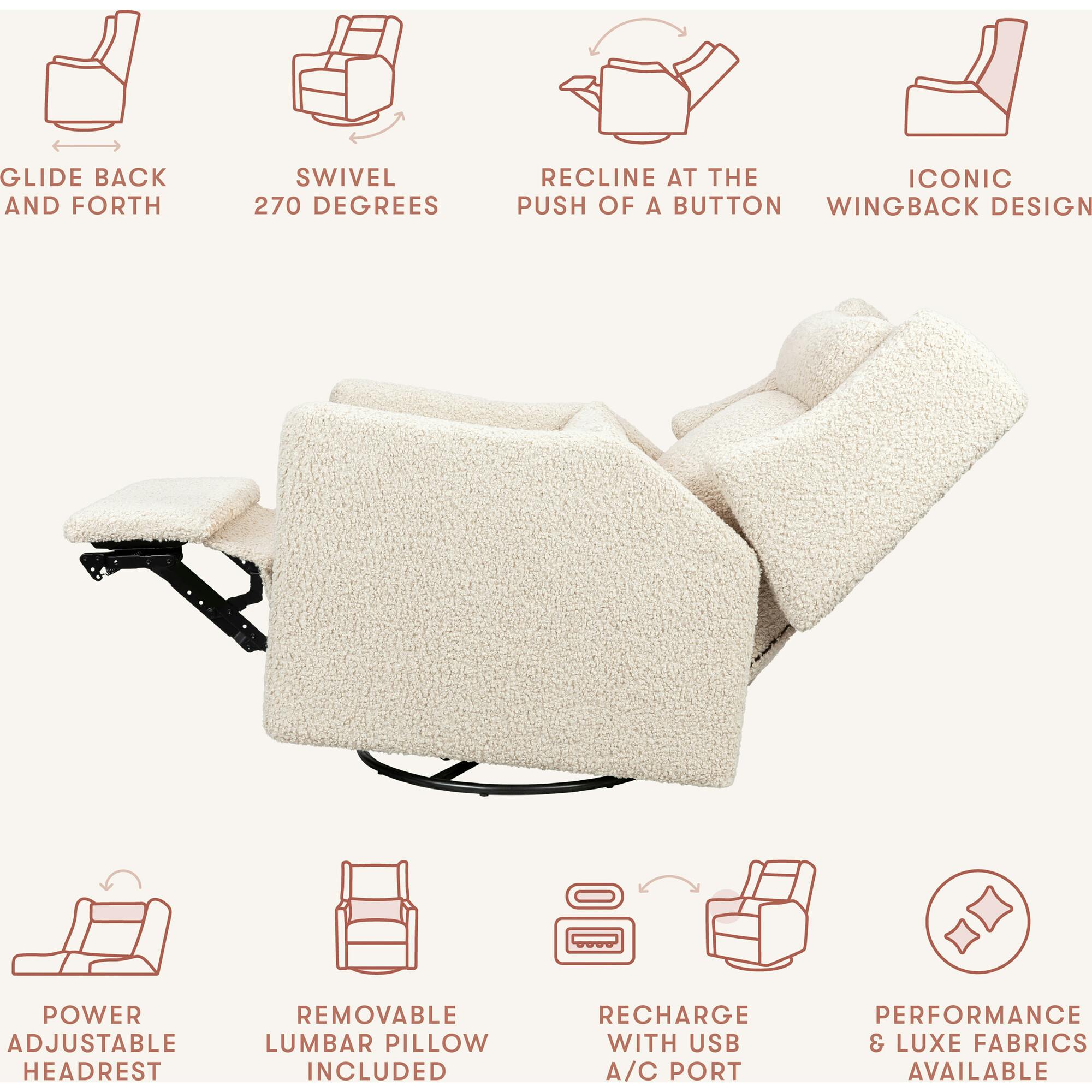 Kiwi Plus Power Recliner and Swivel Glider with Power Adjustable Headrest and USB Port in Almond Teddy Loop