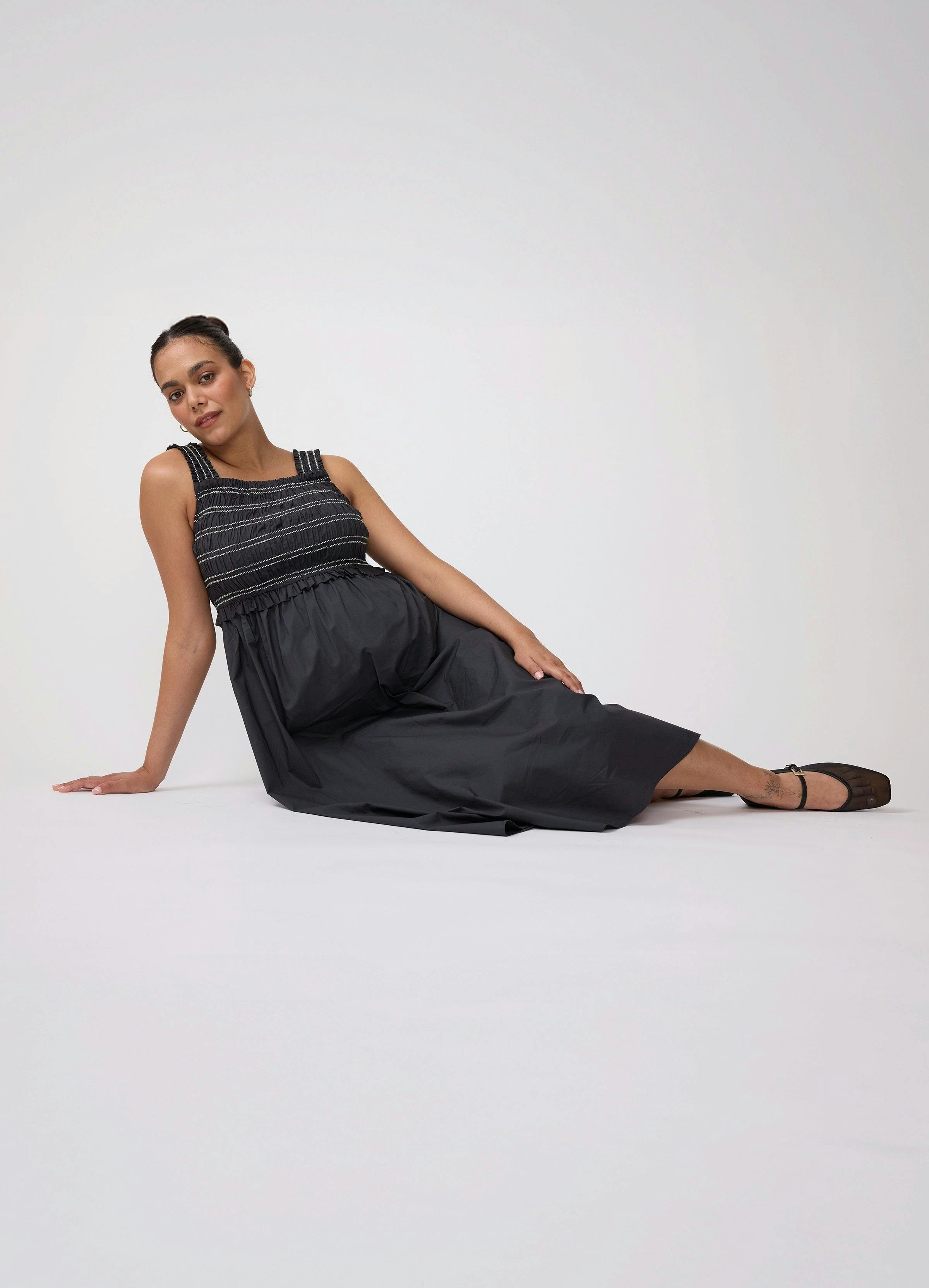 Square Neck Smocked Cotton Maternity Maxi Dress