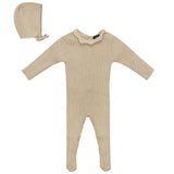 Knitted Ribbed Ruffle Collar Romper and Hat Two Piece Set