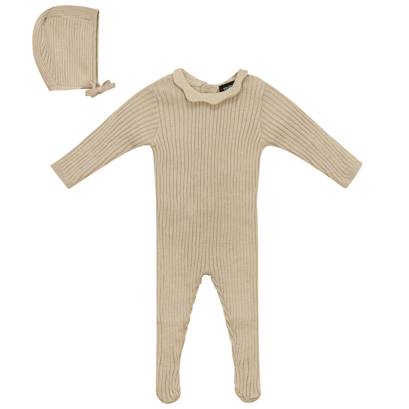 Knitted Ribbed Ruffle Collar Romper and Hat Two Piece Set