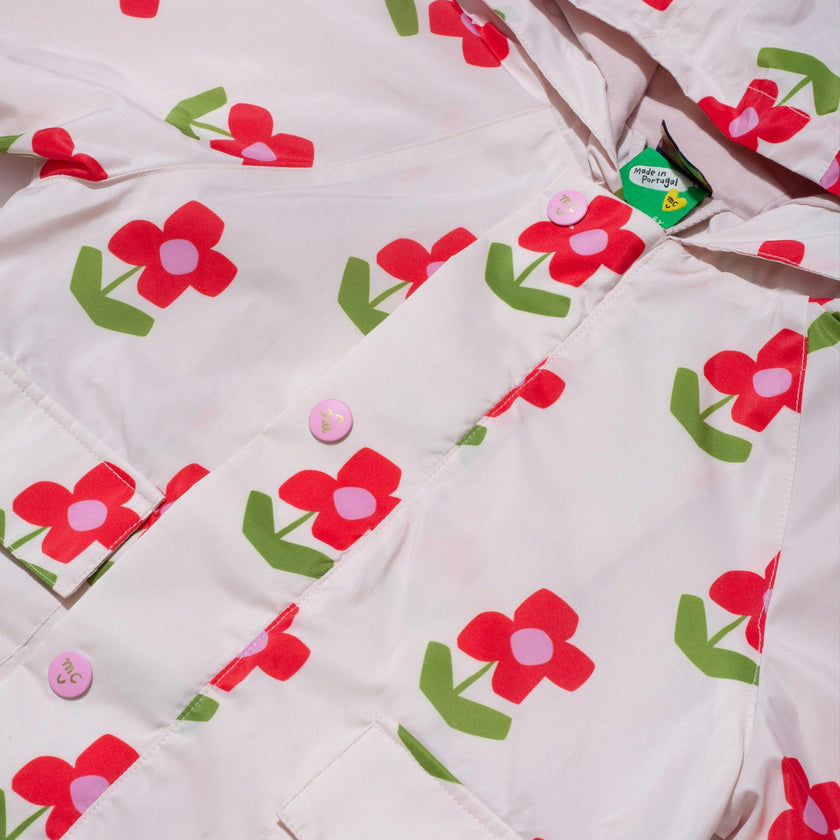 Flower Print Ribbed Cuff Hooded Zipper Raincoat, Pink