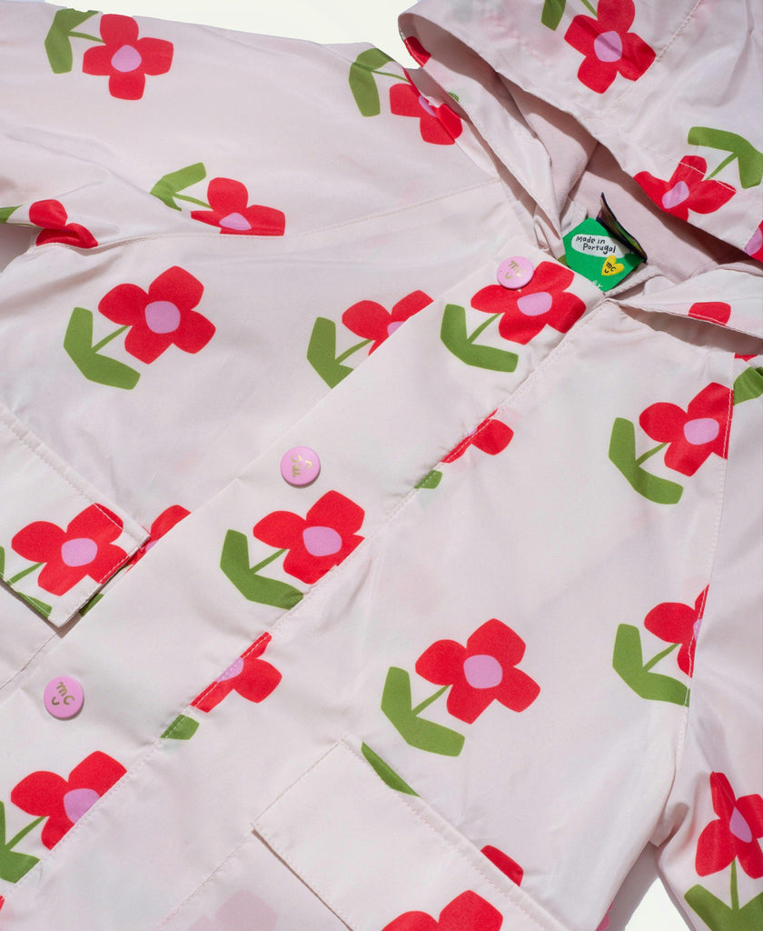 Flower Print Ribbed Cuff Hooded Zipper Raincoat, Pink