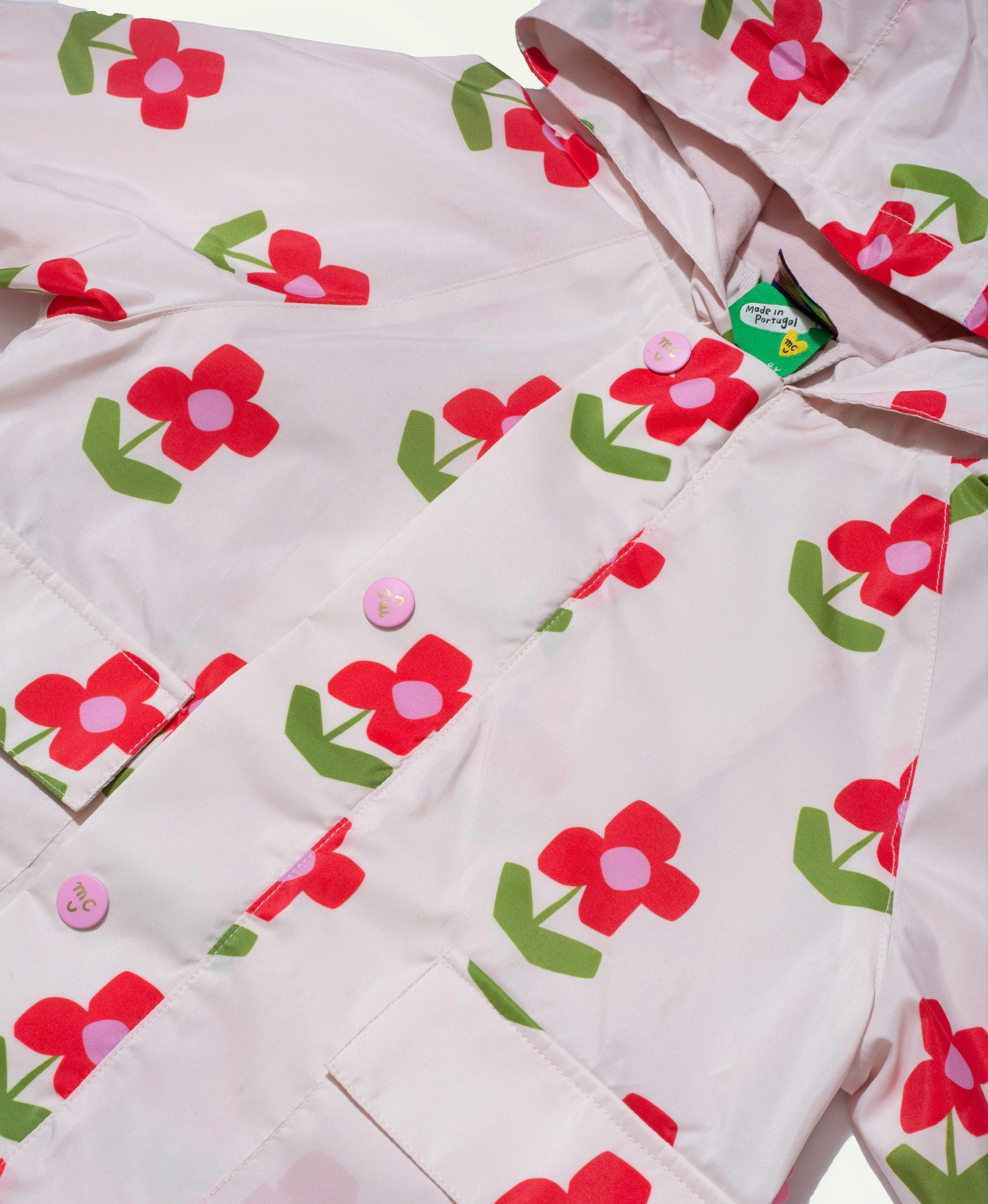 Baby Flower Print Ribbed Cuff Hooded Zipper Raincoat