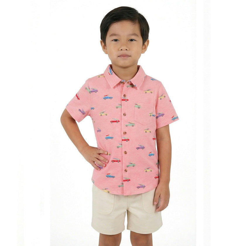 Boys Blue Printed Knit Buttondown | Orange Cars