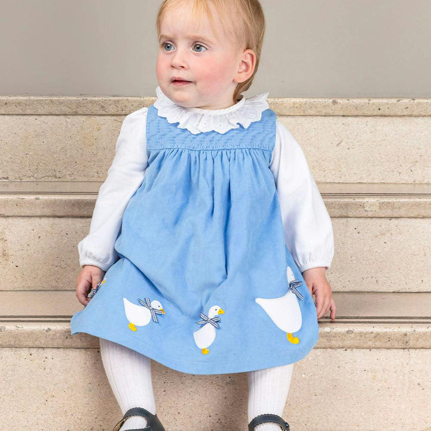 Baby Duck Smocked Pinafore in Blue Cord