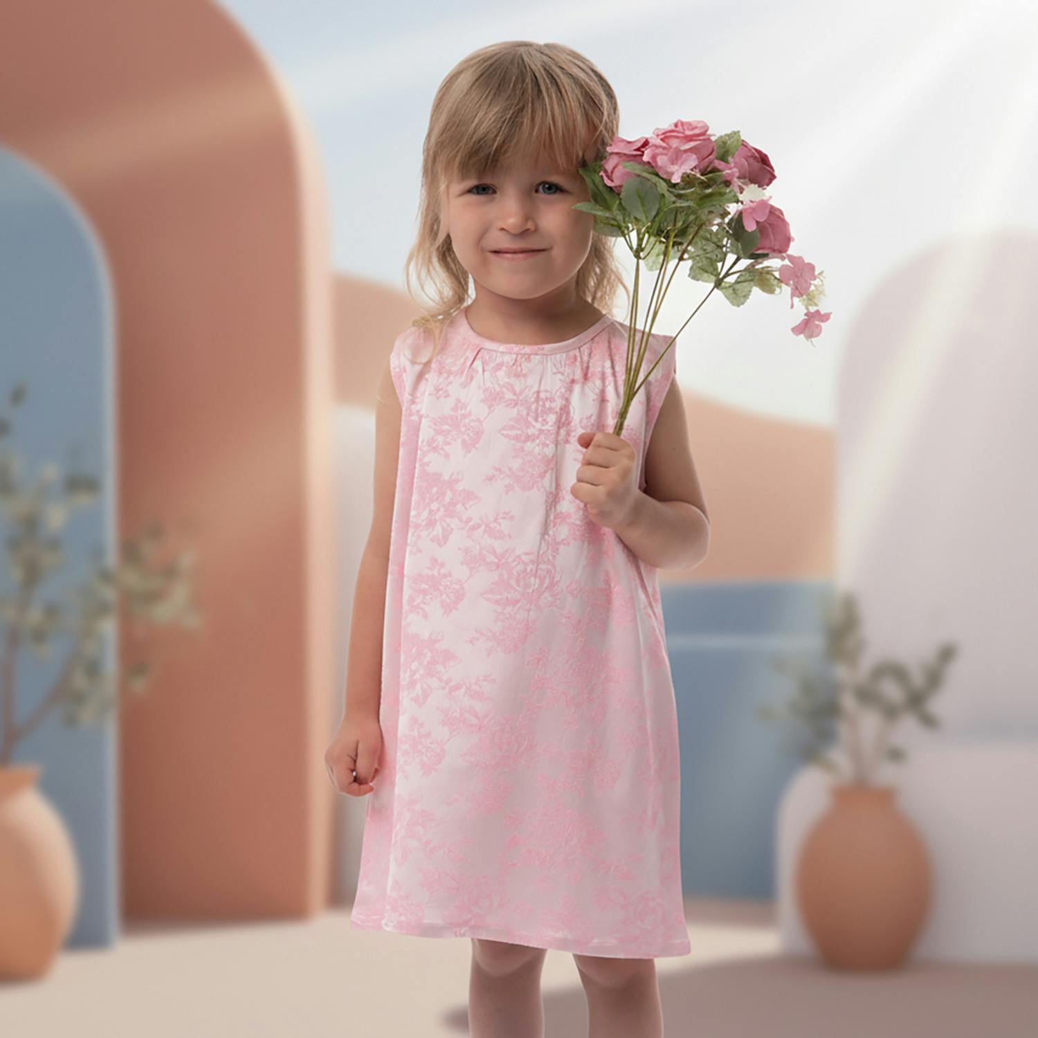 Adele Girl Dress Sleeveless, Pink Embroidery