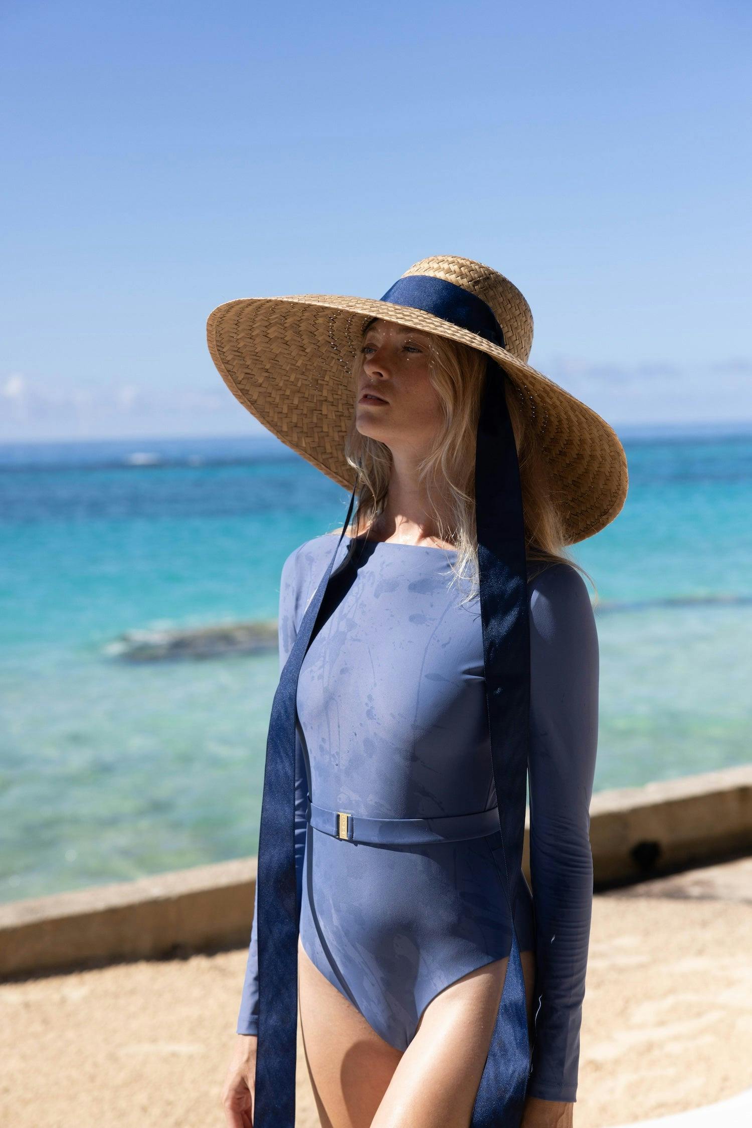 Geranium Sun Hat - Short & Wide French Blue Grosgrain Ribbon