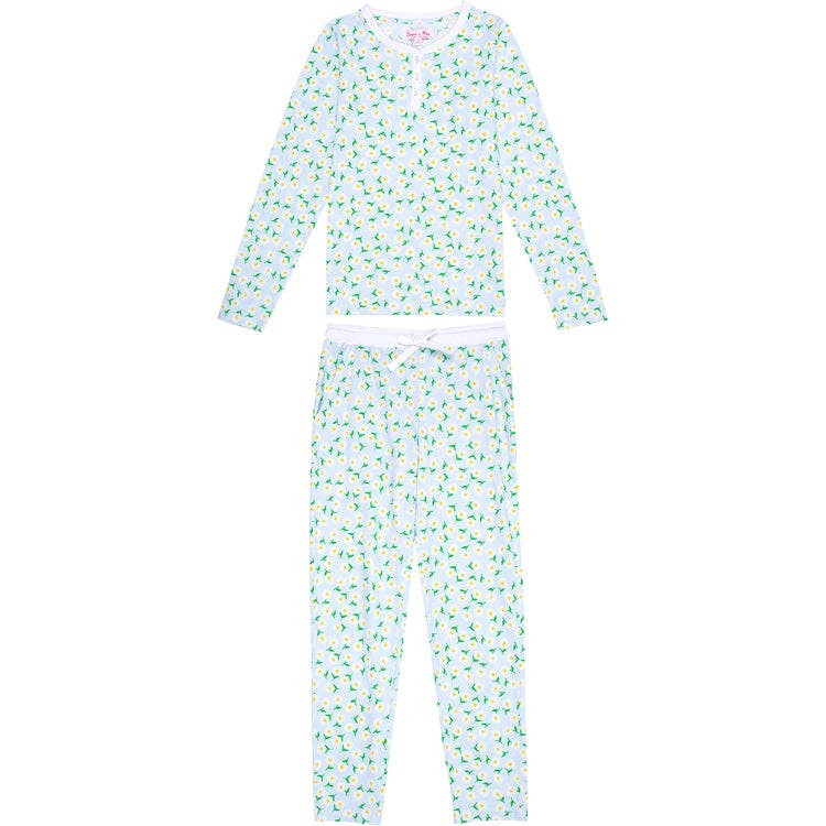 Women's Daisy Jersey Long PJ Set - Blue Organic Stretch Cotton
