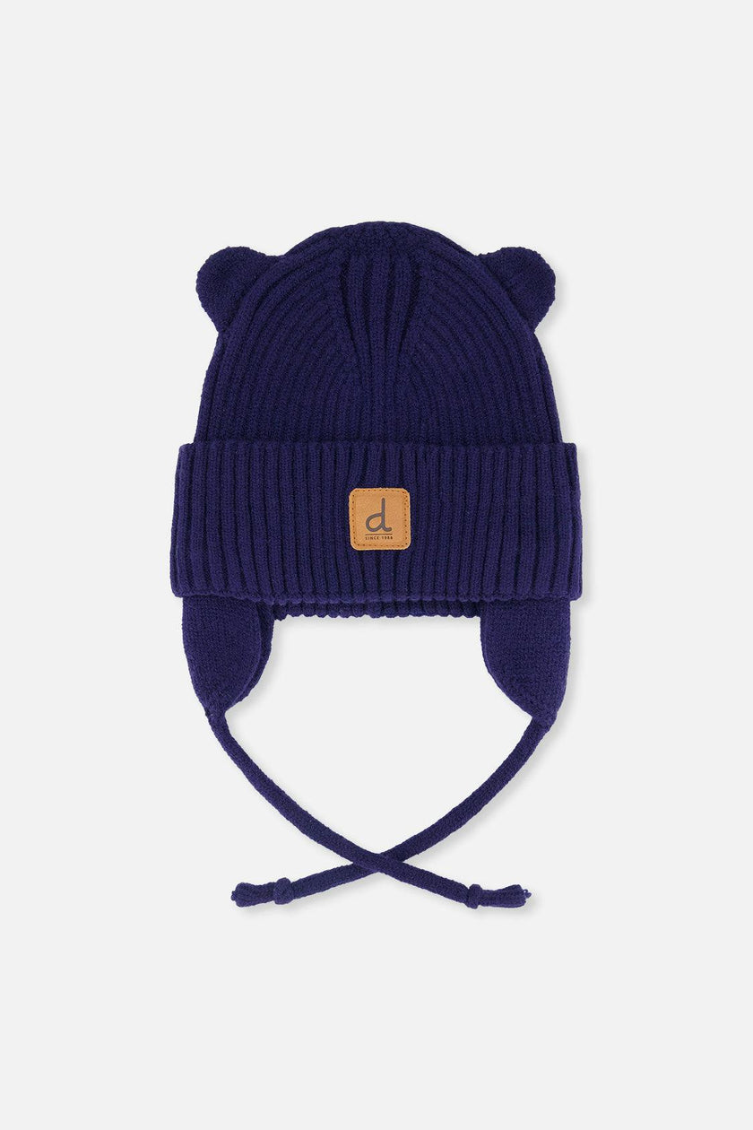 Baby Knit Hat With Strings Navy Blue