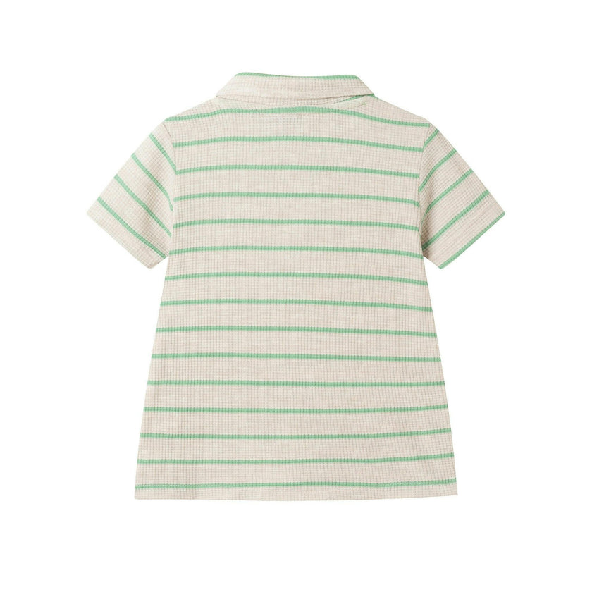 Boys Striped Waffle Polo Set | Oatmeal Dino