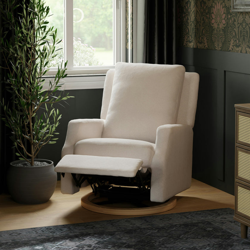 Crewe Electronic Recliner and Swivel Glider in Performance Cream Eco-Weave with Light Wood Base