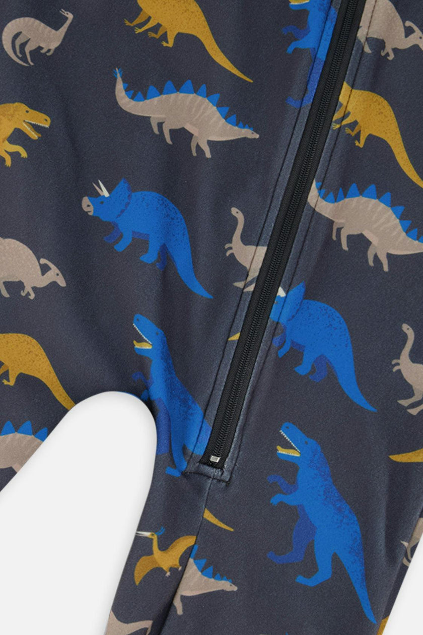 One Piece Thermal Underwear Grey and Blue Dinosaur Print