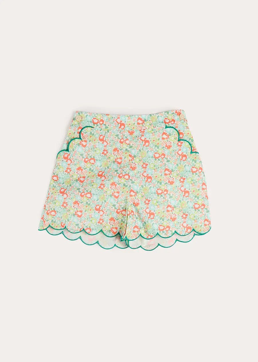 Mabel Floral Scallop Edge High Waisted Shorts in Green (2-12yrs)