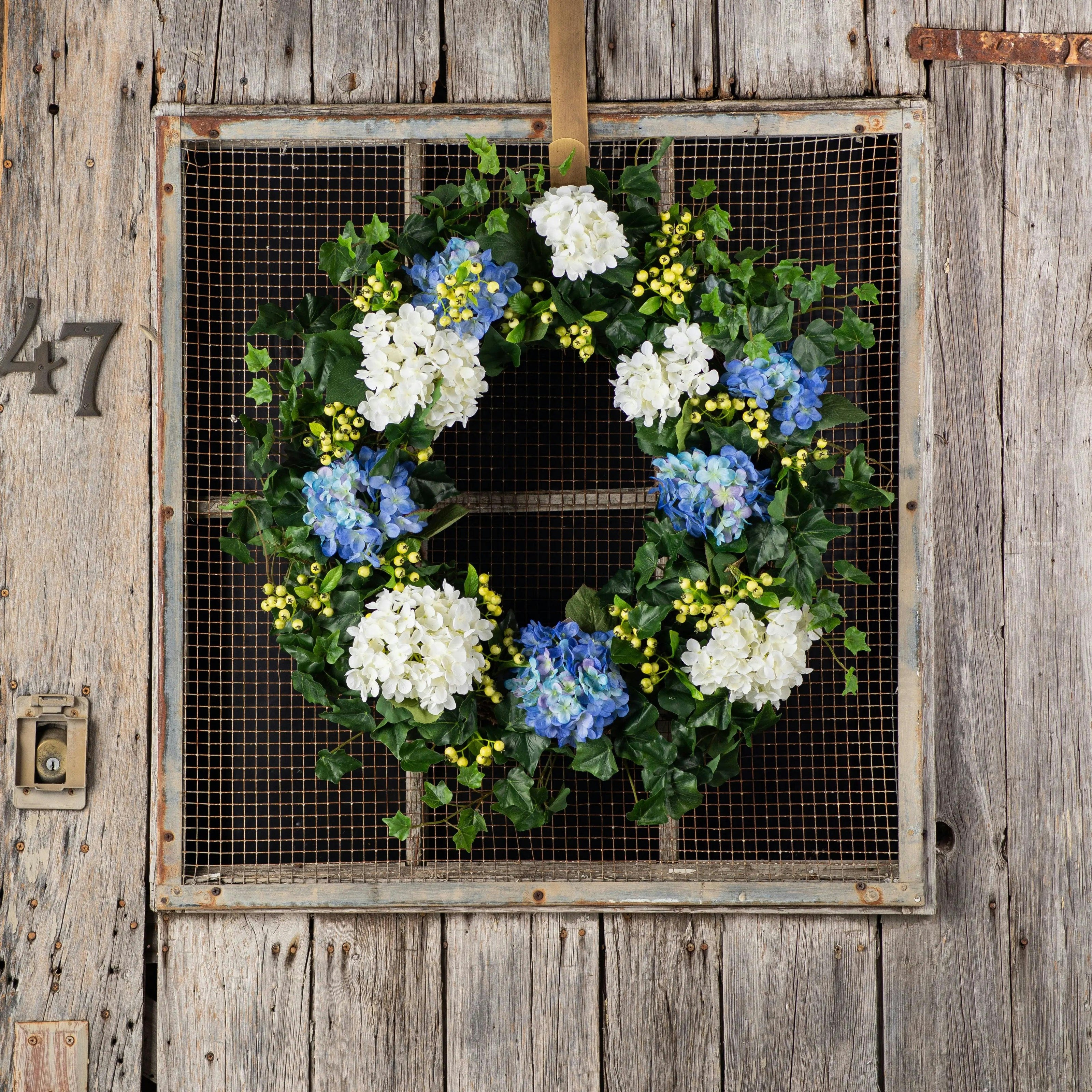 Blue & White Hydrangea, English Ivy & Berry Everyday Spring Front Door Wreath