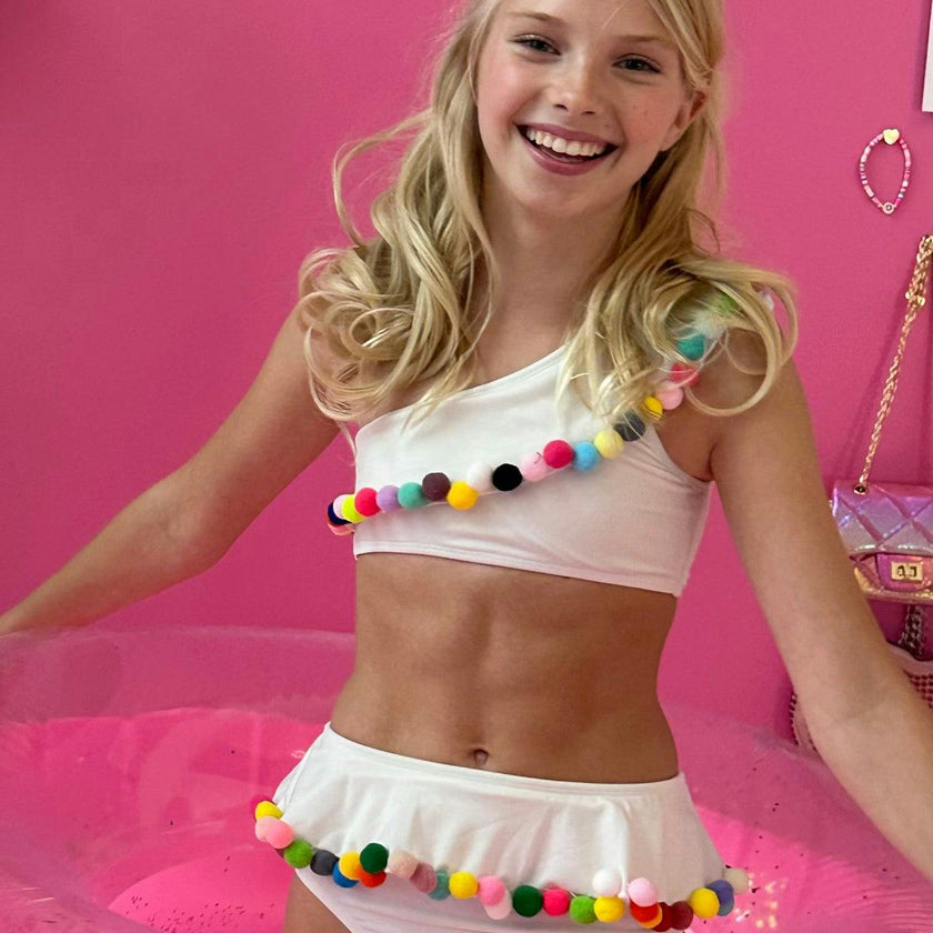 Rainbow Pompom One Shoulder Sleeveless Bikini