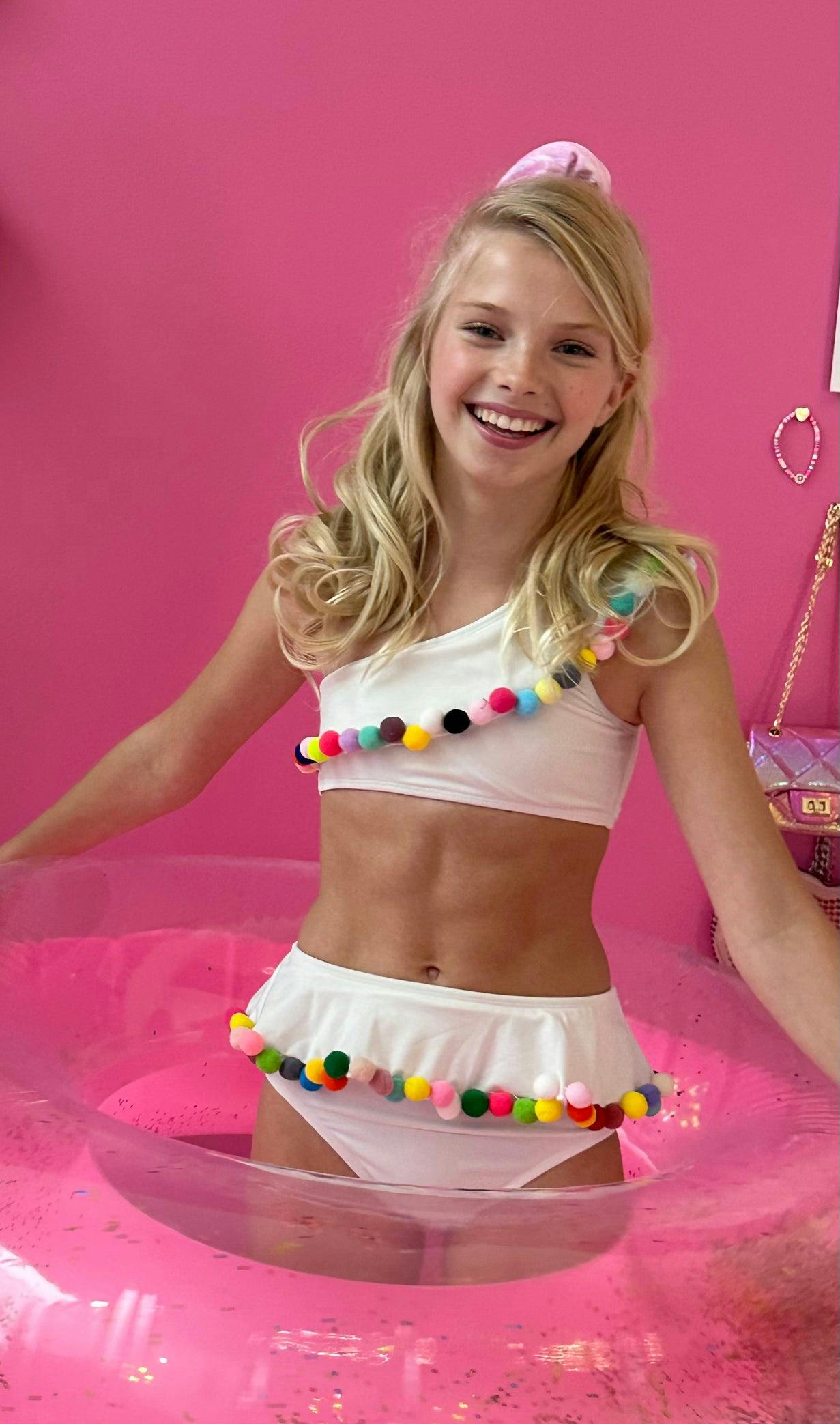 Rainbow Pompom One Shoulder Sleeveless Bikini